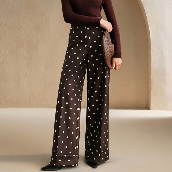 Brown Casual Women's Polka Dot High Waist Drape Suit Pants - Picture 1 of 7